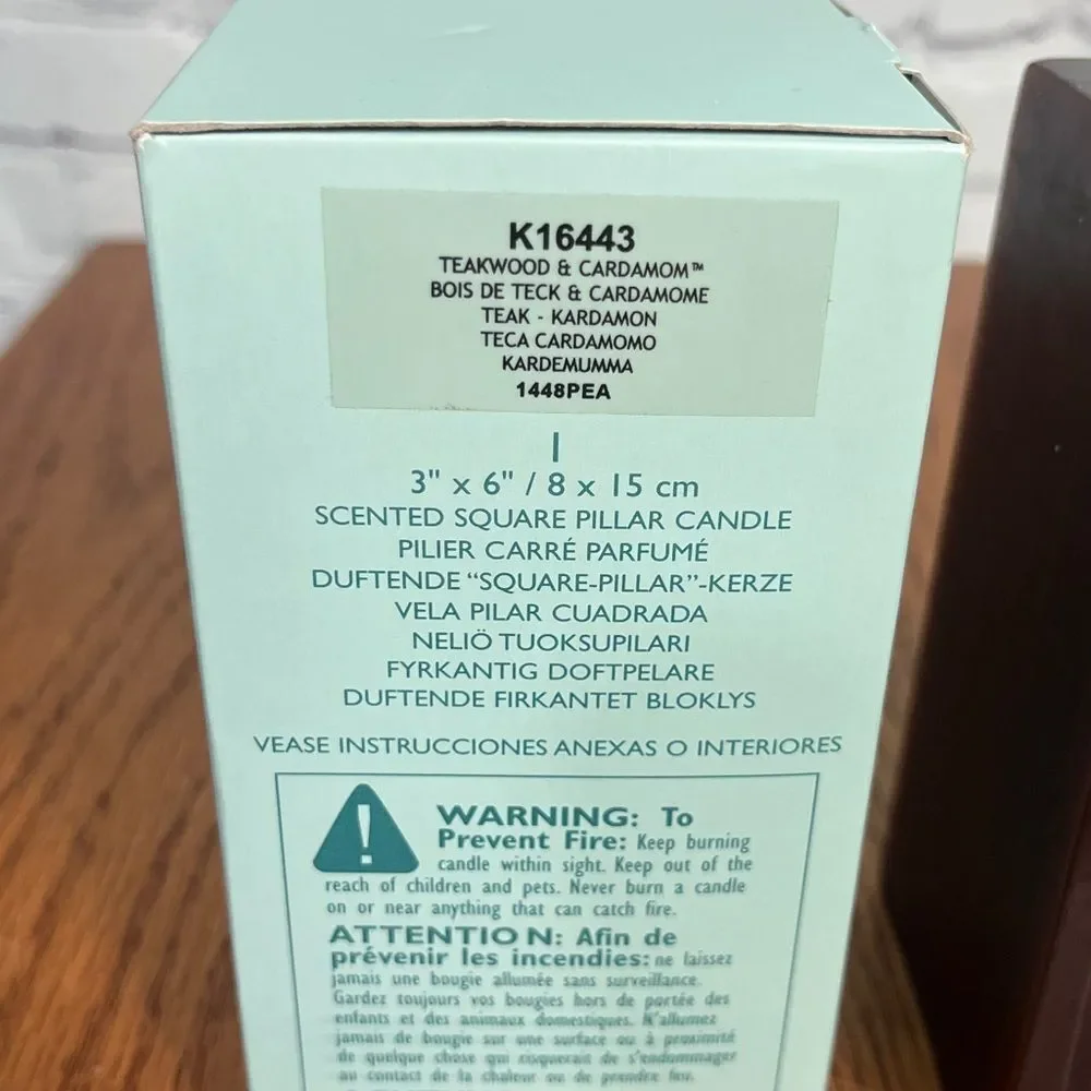 PartyLite Teakwood & Cardamom 3x6 Square Pillar New in box - Picture 3 of 5